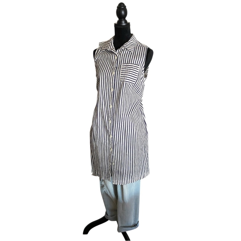 Tommy Hilfiger Navy and White Striped Shirt Style Dress | Large | Tie Belt